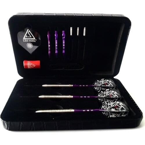 CUESOUL 21 Grams 90% Tungsten Steel Tip Darts Set With Luxury Black Dart Case&Purple Dart Shaft