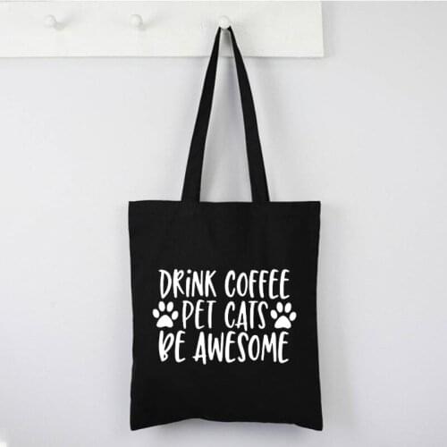 First Coffee Printed Canvas Shopping Black Bags Mom Life Women Shoulder Bags Reusable Shopper Student Book Bags Letter