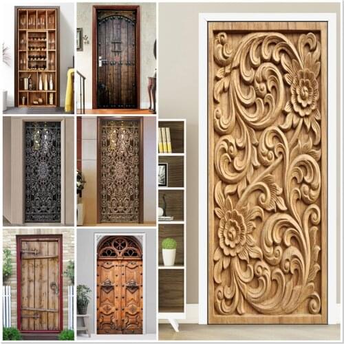 Wood Relief Flower Art Poster On Corridor Door Vinyl Peel And Stick Wooden Door Printing Wallpaper Mural Kitchen Bedroom Decor