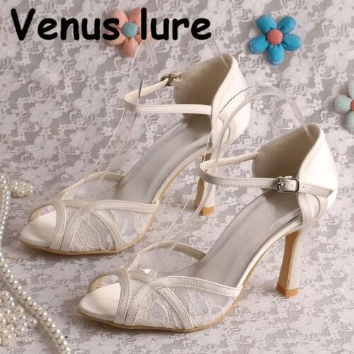 Customized Heel Ivory Lace Evening Dresses Sandals for Wedding Peep Toe