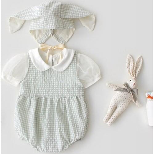 0-24M Newborn Baby Girls Bodysuits+Cap 2pcs Sets Plaid Sleeveless Jumpsuits+Caps Summer Girl Boutique Baby Clothes Set