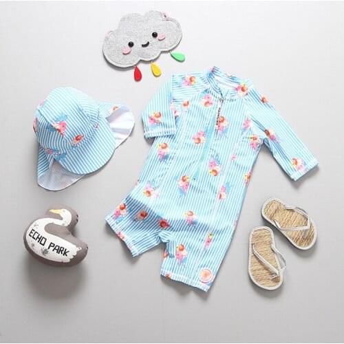 2-7years Girls Swimsuits Blue Striped One-piece Sunscreen Anti-UV Baby Girl Swimwear 2021new Arrival Fashional Swimming Suit