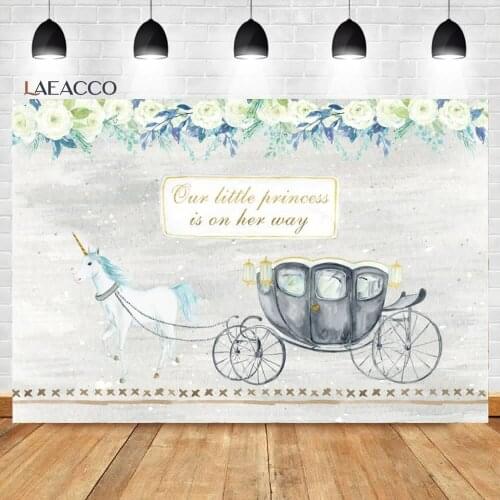 Laeacco Unicorn Theme Background Pumpkin Carriage Flower For Baby Shower Portrait Customized Photography Background Photocall