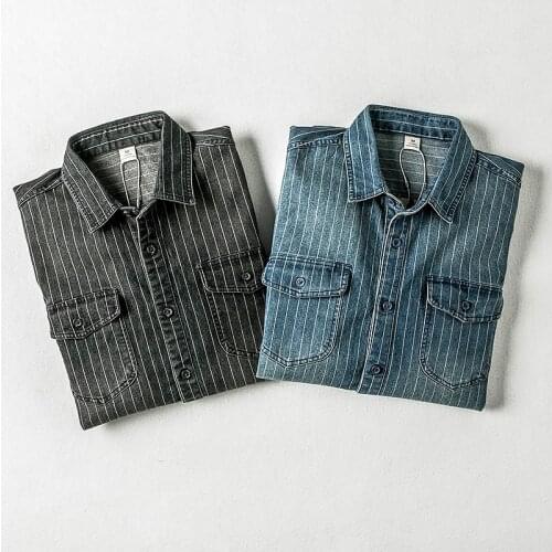 100% Cotton Man Denim Shirt 2020 Spring Autumn Long Sleeve Male Striped Fashion Pockets Blue Men Jean Casual Cowboy Shirts,5043