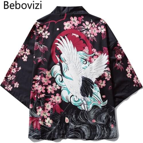 Bebovizi Japanese Ukiyoe Cherry Blossom Crane Kimono Jackets Mens Harajuku Streetwear Japan Style Coat Summer Hip Hop Thin Robe