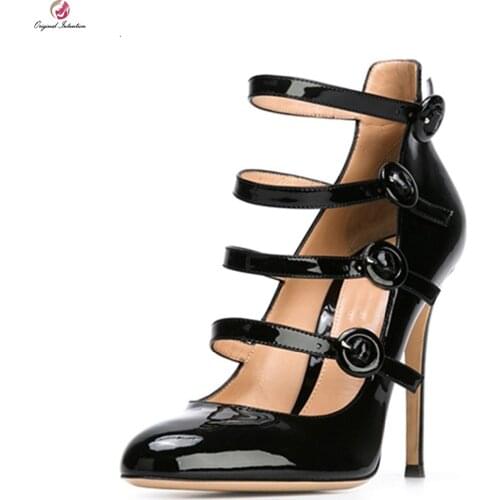 Original Intention Women Pumps Patent Leather Buckkes Women Pumps Slim Heels Black Shoes Woman Dress Party Plus Size 4-16