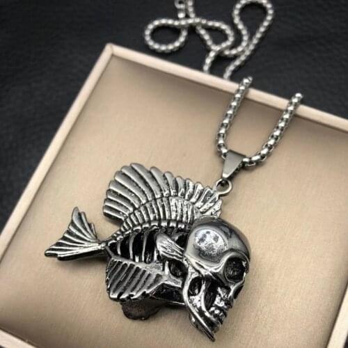 Retro Ghost Skull Pendant Fishbone Necklace Personality Punk Gothic Mens Street Party Jewelry Accessories Halloween Gift