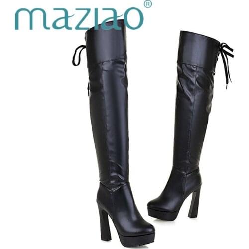 Women Platform Sexy Pu Leather Thick High Heel Over The Knee Boots Fashion Zipper Round Toe Winter Thigh Boots Black 2019 MAZIAO