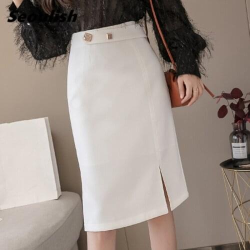 Seoulish Office Lady Wrap Women Skirts 2021 New Spring Summer Solid Button High Waist Side Split Sheath Pencil Skirts Female
