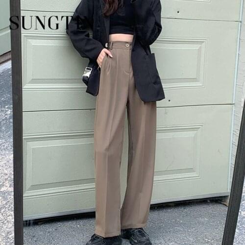 Sungtin Loose Korean Wide Leg Pants Women Office Lady Solid Straight Pants Female Black High Waist Trousers Suit 4 Colors 2021