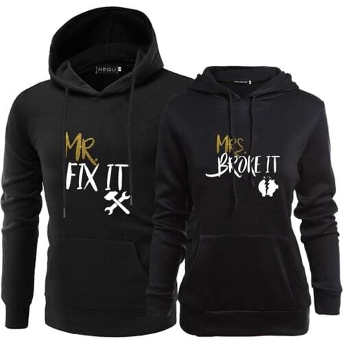 Women Men Lovers Sweatshirt Couple Hoodies Hoody Lovers Couples Hoodies Casual Pullovers Gift Funny MRS BROKE IT, MR FIX IT