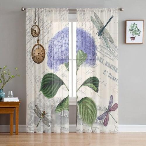 Purple Flower Dragonfly Vintage Clock Retro Tulle Window Treatment Sheer Curtains for Living Room the Bedroom Decoration