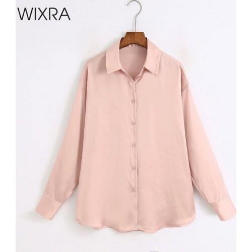 Wixra Womens Solid Blouses Satin Tops Turn-down Collar Casual Office Lady Shirts For Femme High Street Summer Autumn