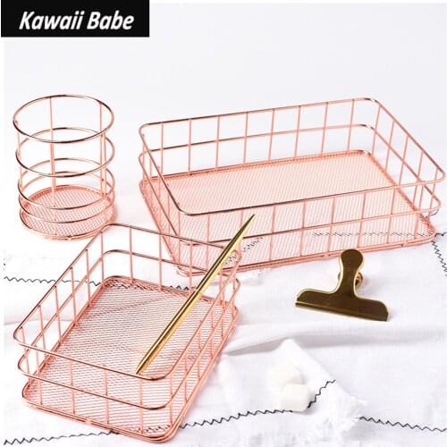Rose Gold Iron Art Nordic Makeup Organizer Basket Eyeliner Brush Set Storage Cup Dressing Table Makeup Cosmetic Organizer Box