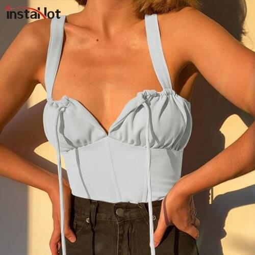 InstaHot Ruched Lace Up Camis Crop Top Summer Solid Cut Out Slim Women Casual Streetwear Vintage Camisole Sexy Female Black Top