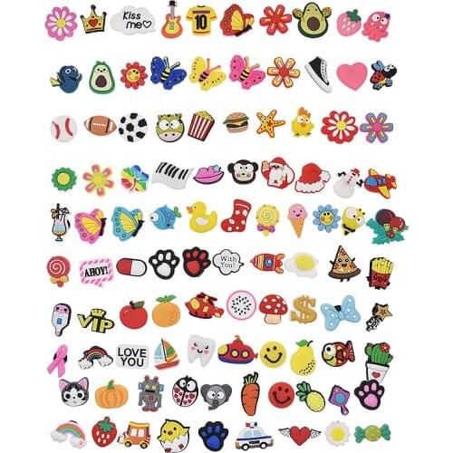 100pcs Mix Shoe Charms Random Croc JIBZ Accessories Food Flowers Flyings Shape Clog Shoes Buckle Soft PVC Charm Kids BHD Gifts