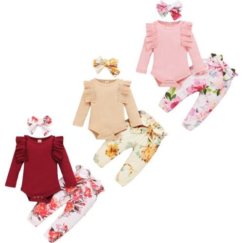 2020 Infant Baby Girls Clothing Set Ruffle Long Sleeve Knitted Top + Floral Pants + Headband Set Fall Spring Clothes Set 0-18M
