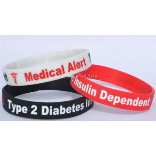 300pcs Medical Alert Type 2 Diabetes Insulin Dependent Wristband Silicone Bracelets free shipping by FEDEX