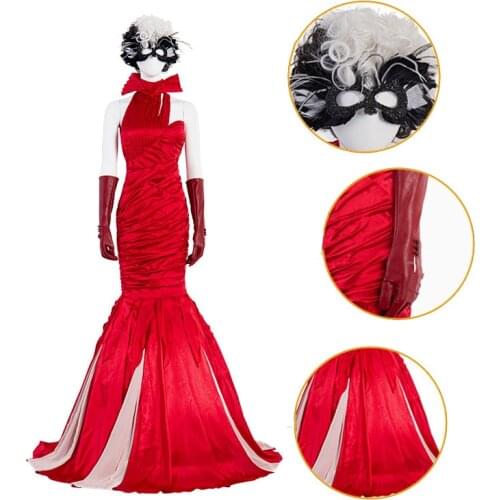 Anime Sexy Cruella De Vil Cosplay Costume Red Dress Queen Wedding Evening Party Ball Gown Fancy Mermaid Dress Wig Mask Outfits