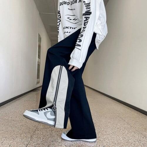 Large Size Cotton Casual Pants Mens Fashion Zipper Wide-leg Pants Men Streetwear Loose Hip-hop Straight Pants Men Trousers