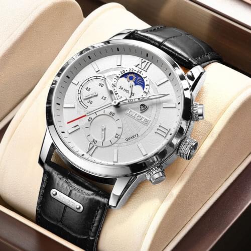 2021 LIGE Men Watches Brand Luxury Black Leather Waterproof Sport Quartz Chronograph Military Watch Men Clock Relogio Masculino
