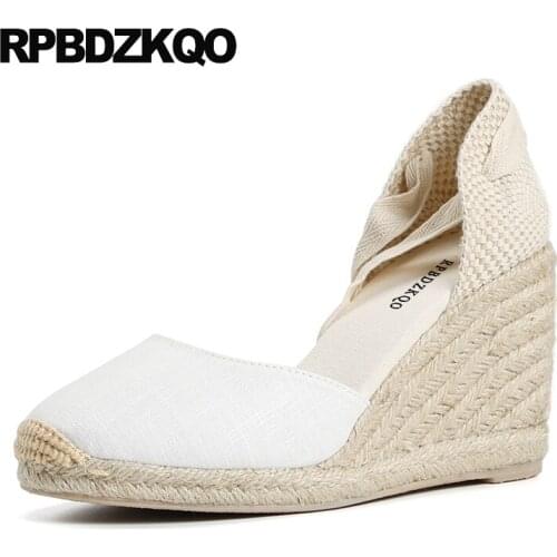 Black high heels plus size pumps sandals canvas shoes women summer wedge round toe lace up white platform 2019 espadrilles tie