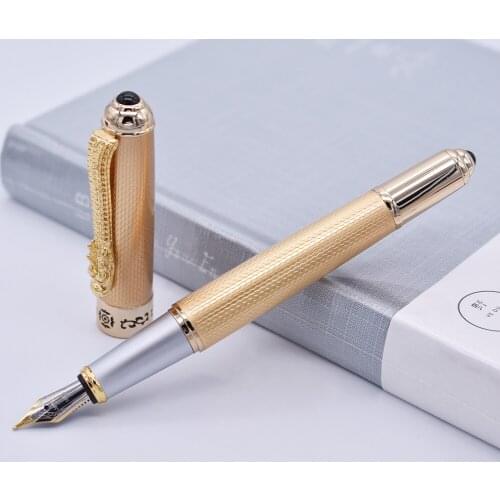 Jinhao Luxurious Fountain Pen Classic Style Dragon Clip, Medium Nib Golden Writing Signature Pen Business Office Supplies