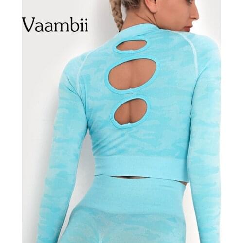 Camo Gym Tops Women Seamless Yoga Tops Open Back Shirts Long Sleeve Shirt Fashion Athletic Crop Top Womens Workout Clothing