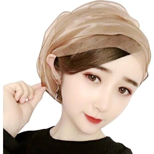 Muslim Pleated Mesh Hijab Turban Cap Sheer Tulle Stretch Beanie Headwrap Bonnet