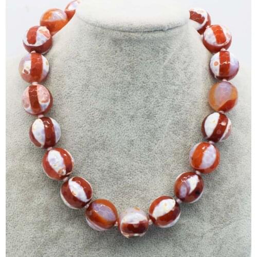 Wholesale 20mm red white line round faceted agate necklace 17.5inch FPPJ nature beads big size