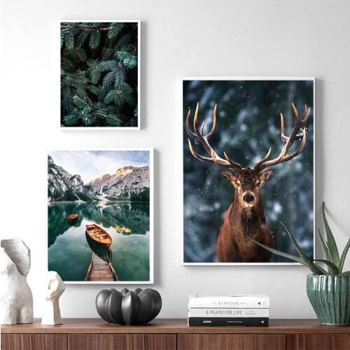 Landscape Poster Nature Decorative Picture Home Nordic Fog Forest Deer Animal Canvas Wall Art Print Painting Mountain Lake
