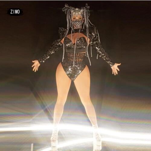 Sexy Bar Party GOGO Stage Shawl Costume Dance Team Show Performance CLUB Outfits WOMENs Bodysuit black designer concert Sequins