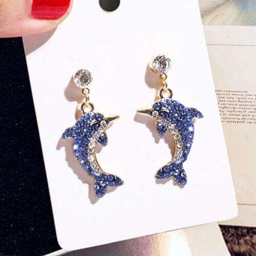 Cute Dolphin Shape Shiny Full Rhinestone Inlaid Women Stud Earrings Jewelry Gift new