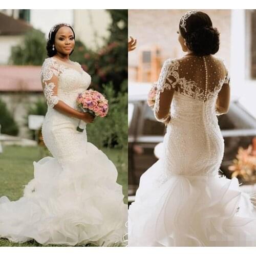 Mermaid Wedding Dresses Plus Size Bridal Gowns Cascading Organza Long Sleeves Beading Designer African Nigeria