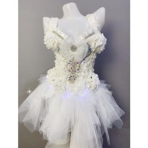 LED White Flower Rhinestone Mesh Slip Mini Dress Female Birthday Celebrate Prom Crystal Short Dress Bar Party Singer LED Costume