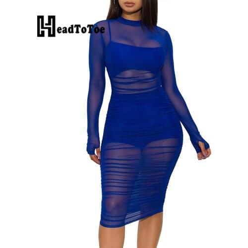 Solid Pleated Perspective Sexy Brief Woman Dress Long Sleeve O Neck Knee Length Skinny Dresses for Women