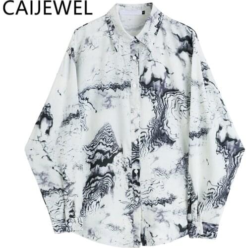 Women Button Up New 2021 Summer Streetwear Ink and Wash Printing Long Sleeve Polo Collar Shirts TOP Vintage Baggy Ladies Blouse