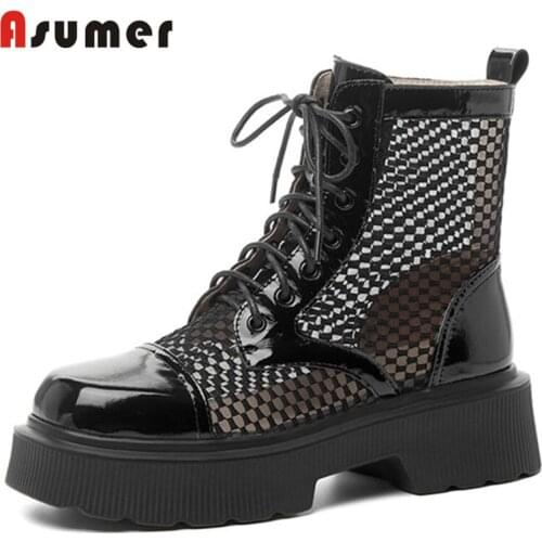 Asumer Newest Big Size 41 Ankle Boots Women Genuine Leather Shoes Lace Up Round Toe Mesh Boots Summer Fashion Casual Shoes Lady