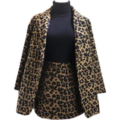 Fashion suit female winter / spring New high quality Loose woolen Leopard double breasted jacket + bag hip skirt suit women