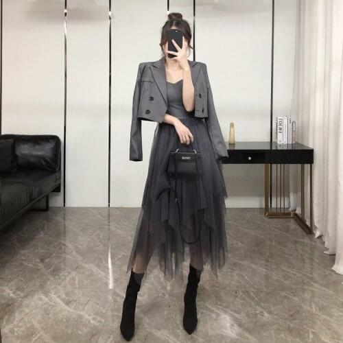 Double-breasted Short Suit Jacket+irregular Mesh Splice Sling Dress Two Piece Outfits for Women Spring Clothing 2021