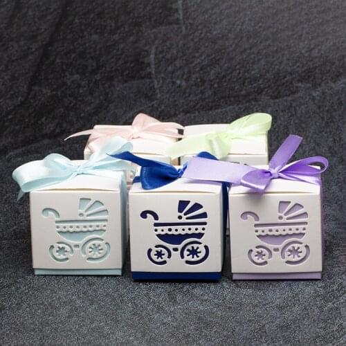 10pcs Birthday Party Baby Shower Decoration Boxes Ribbon Paper Gift Box Wedding Party Supplies Baby Cart Shape Candy Box