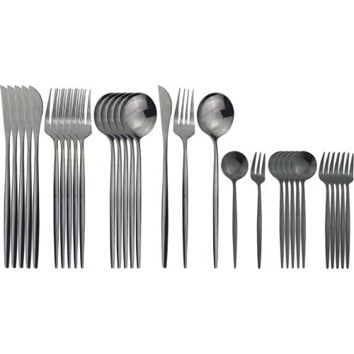 30Pcs Black Dinnerware Cutlery Set Mirror Stainless Steel Tableware Knives Fruit Cake Forks Coffee Spoon Flatware Silverware Set