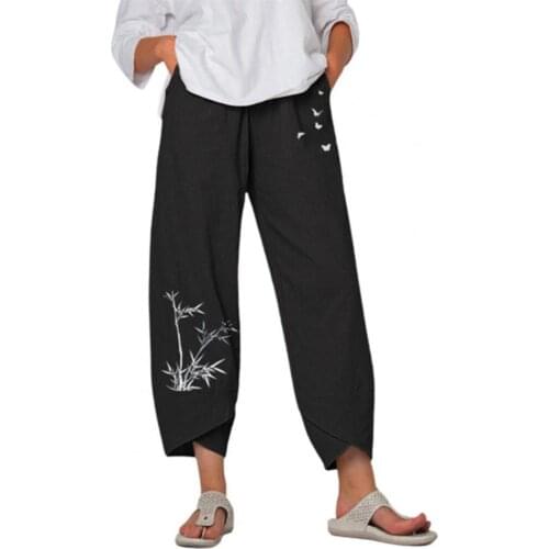 Casual Women Pants Bamboo Print Irregular Trouser Leg Pocket Wide Leg Ninth-Length Harem Pants Sweatpants Streetwear for Female
