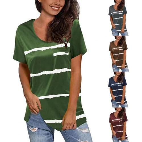 Breathable Stylish Striped Pocket T-shirt Top Women T-shirt Short Sleeve for Work