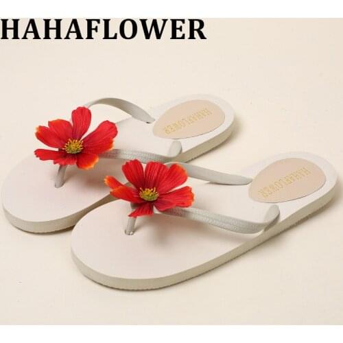 HAHAFLOWER Big size 35-44 beach sandals hot selling girls fashion big flower flat sandals open toe slippers