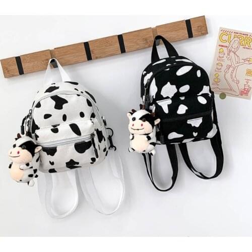 Mini Canvas Daypack with Plush Pendant Cow Print Backpack for Women Lady Girls 20CA