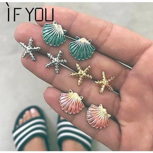 IF YOU Bohemian Starfish Shell Stud Earrings Set For Women Vintage Turtle Stone Antique Geometry Earring Female Jewelry