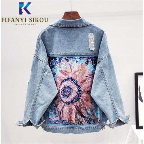 Streetwear Women Denim Jacket Fashion Beading Print Jeans Jacket Pocket Long sleeve Loose Jeans Coat Female Harajuku Jackets