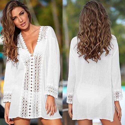 Summer Sexy Women Cover Ups Lace Crochet Bikini White Blouse Hollow Out V-Neck Beach Cover-Up Swim Wear