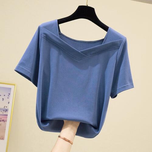 Korean Clothes Square Collar T Shirt Short Sleeve Womens Cotton Tshirt Women 2021 Summer Casual T Shirt Female Ladies Tops Femme